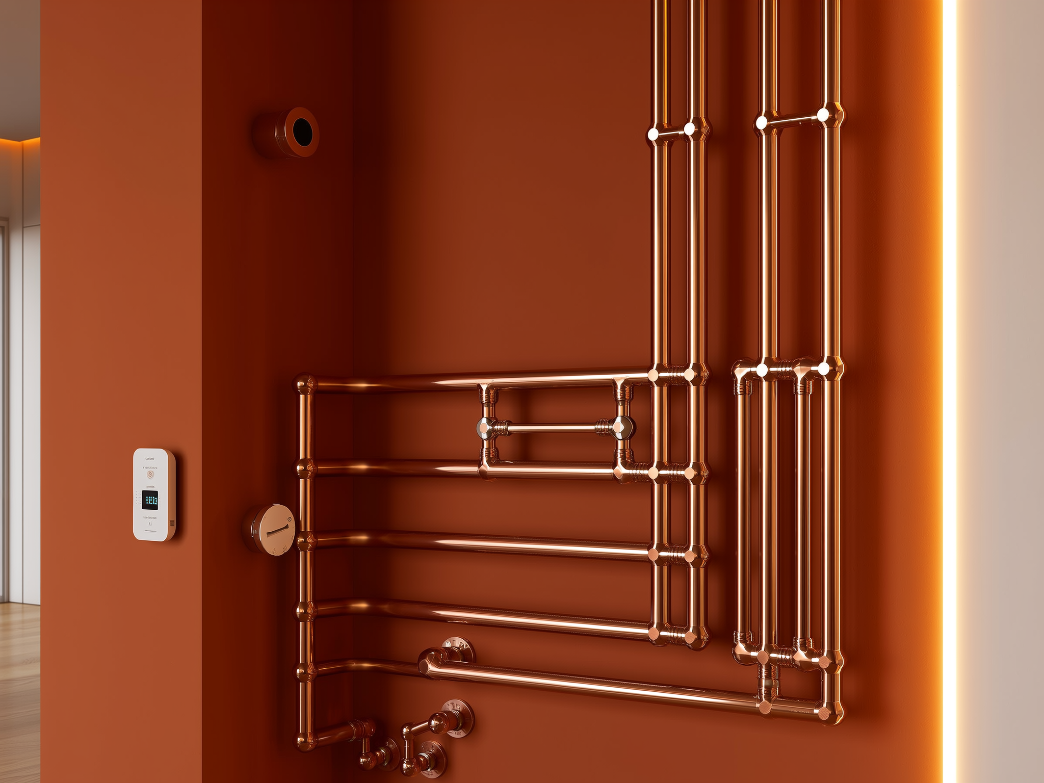 Copper radiant heating pipes installed on orange wall with thermostat