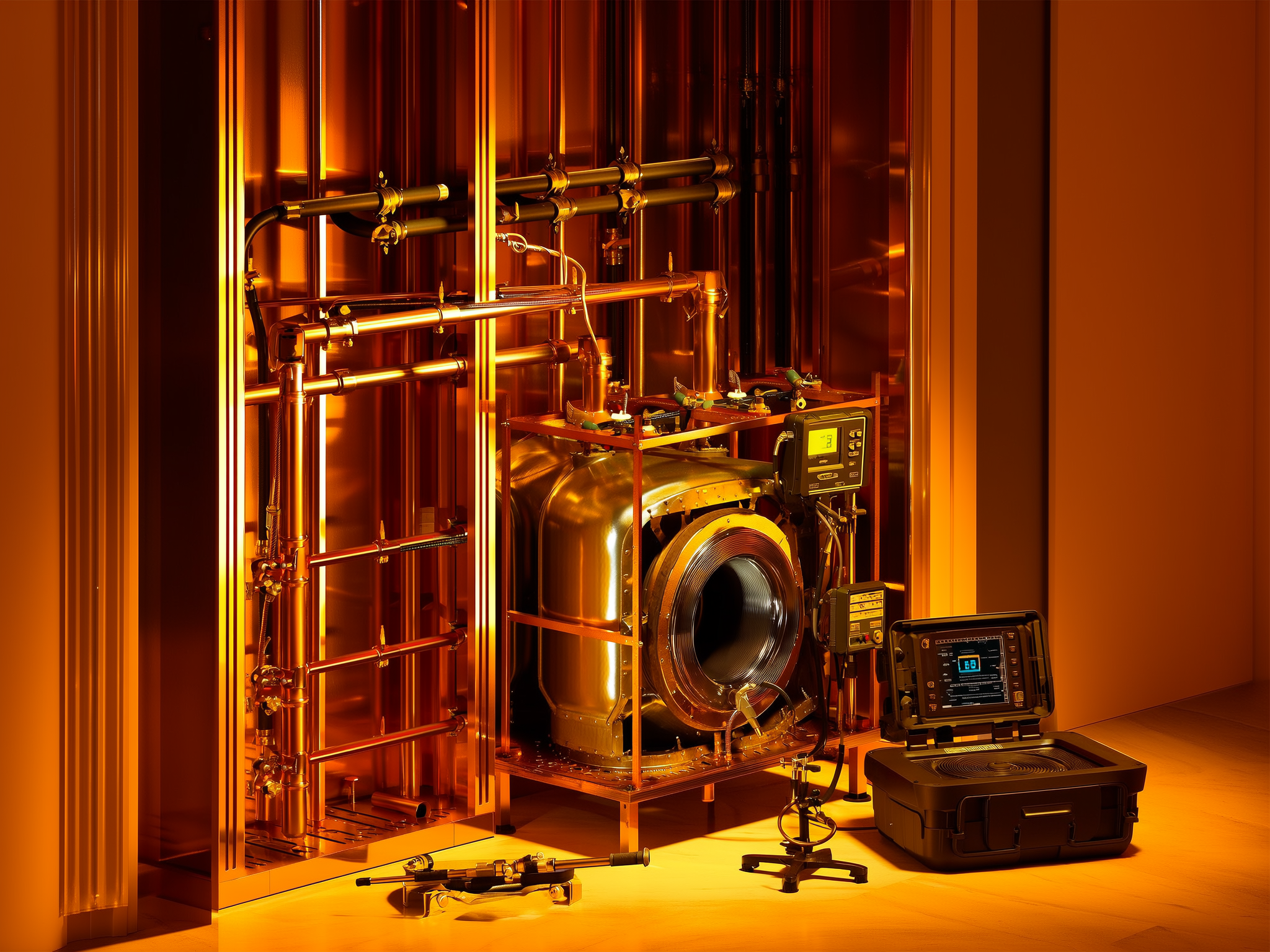 Industrial pipe assembly with large cylindrical chamber and control equipment in workshop