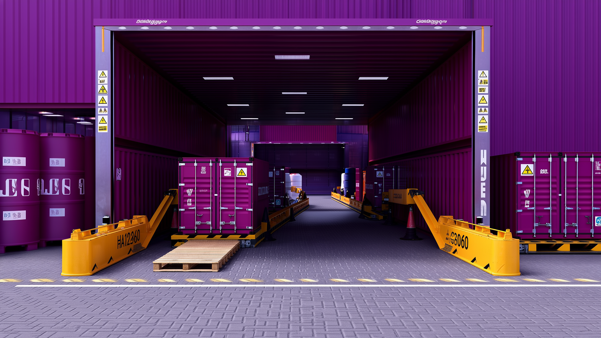 Purple shipping containers and yellow barrier equipment inside a logistics warehouse facility