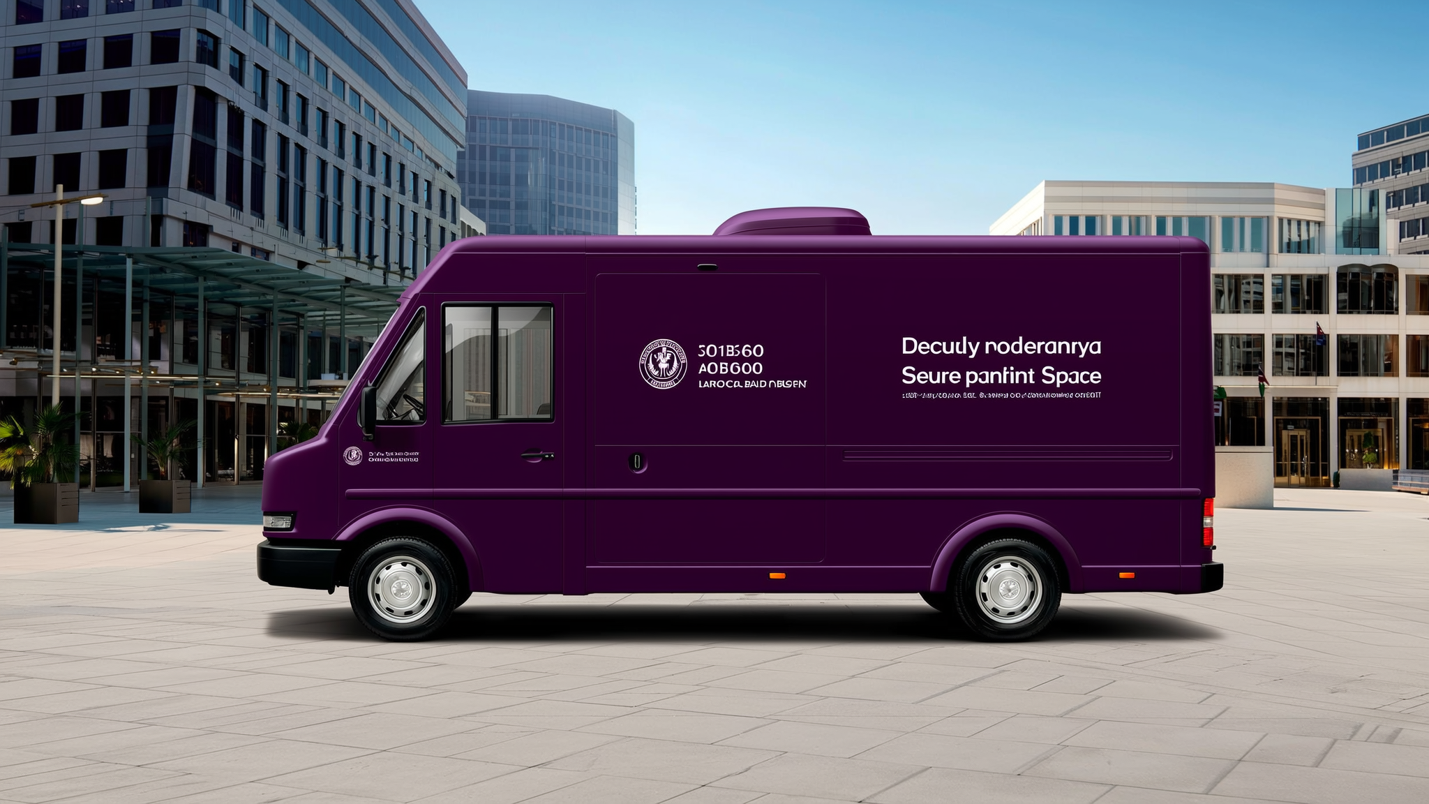 Purple delivery van parked in urban plaza with modern office buildings