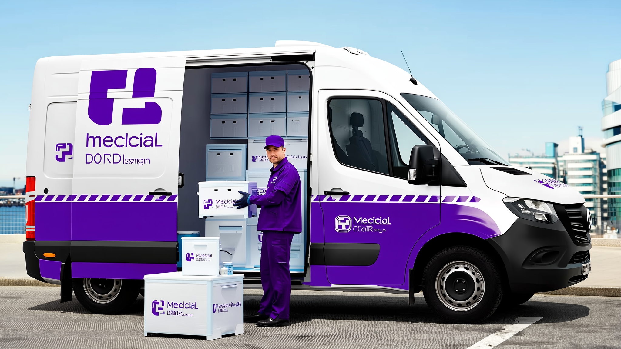 Medical courier in purple uniform loading white cooler into purple and white delivery van