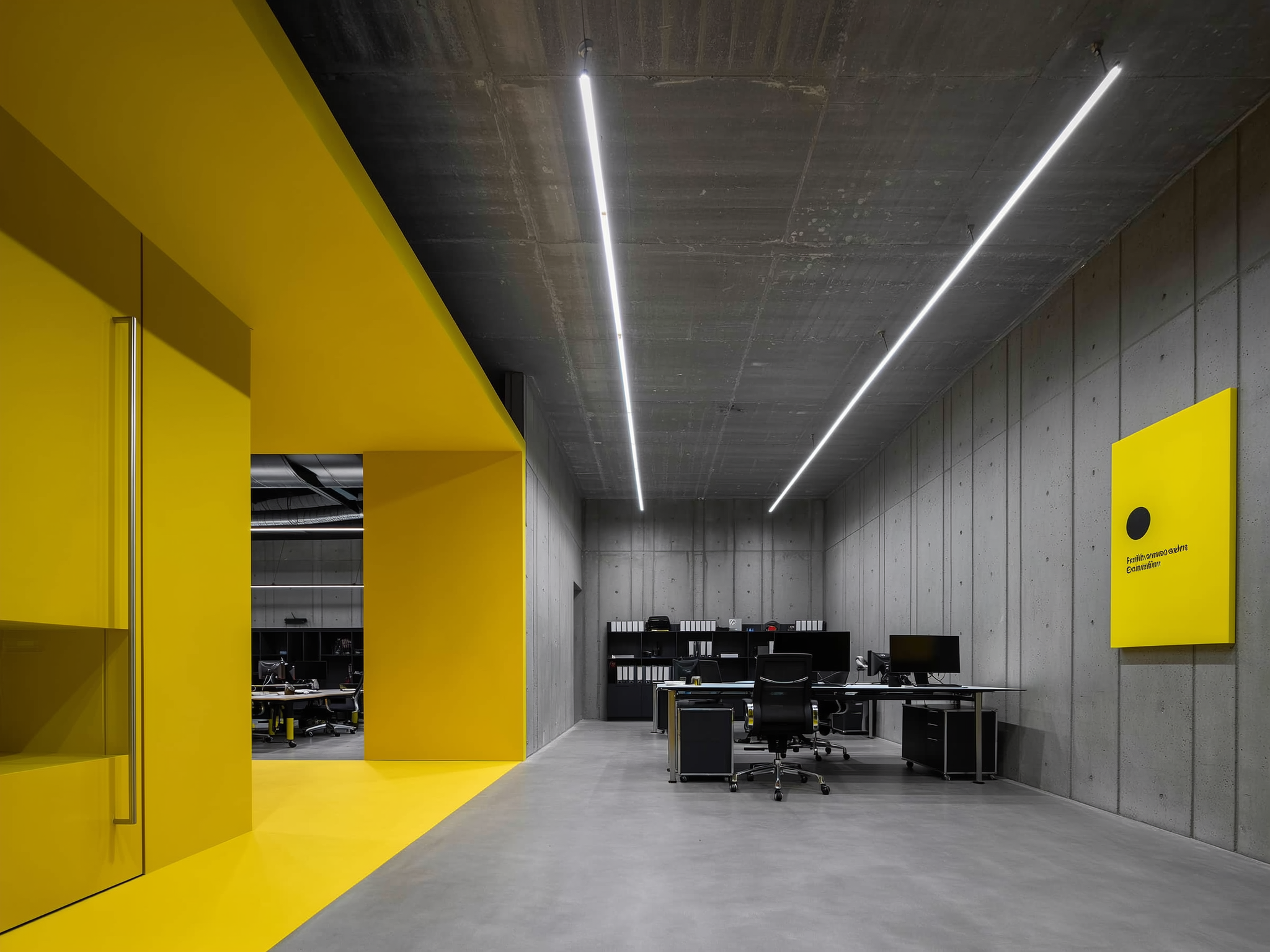 Empty modern office workspace with yellow walls, concrete ceiling, linear lights, computer desks