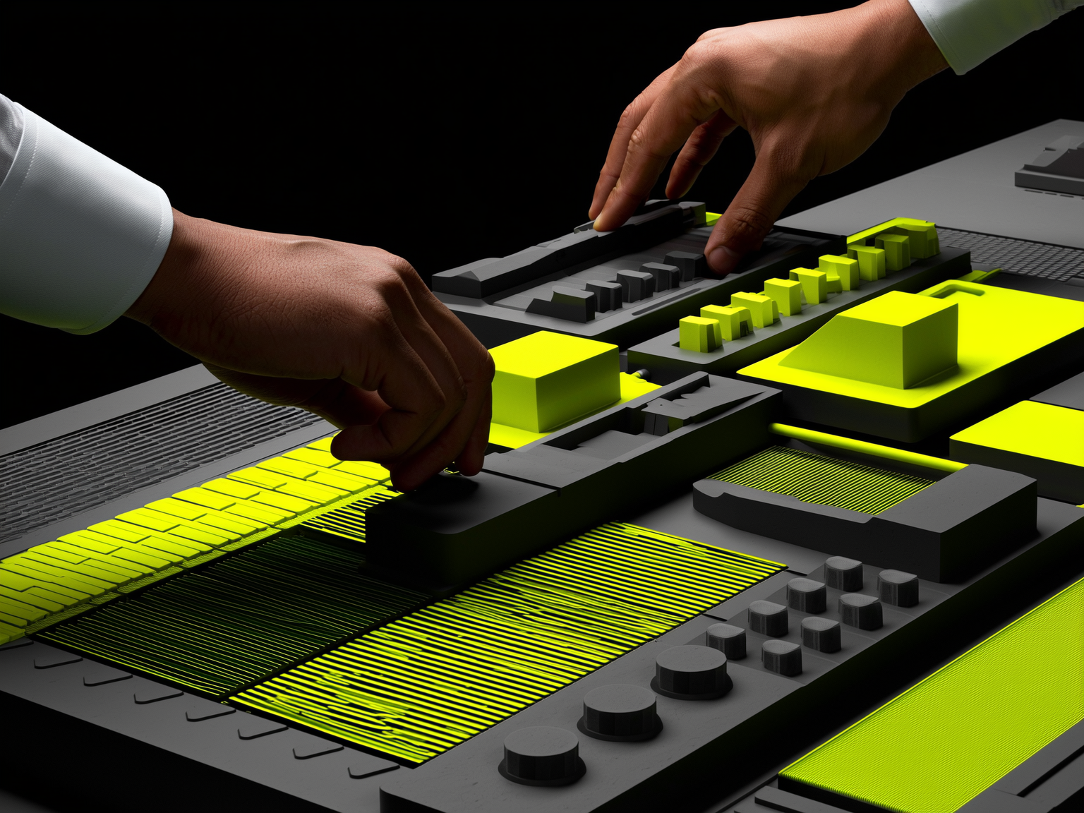 Two hands operating a black and neon yellow music production control surface