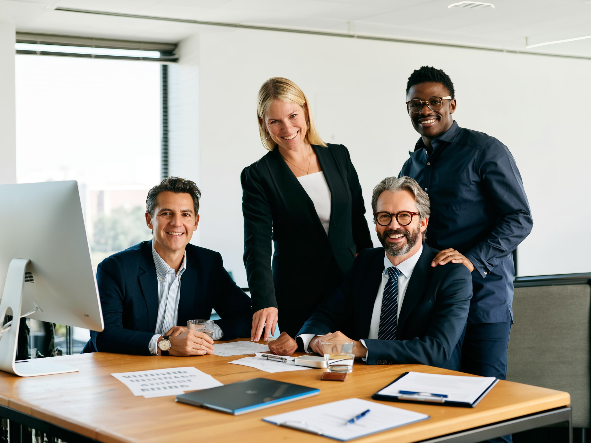 Four business professionals smiling at camera in modern office with desk and computer