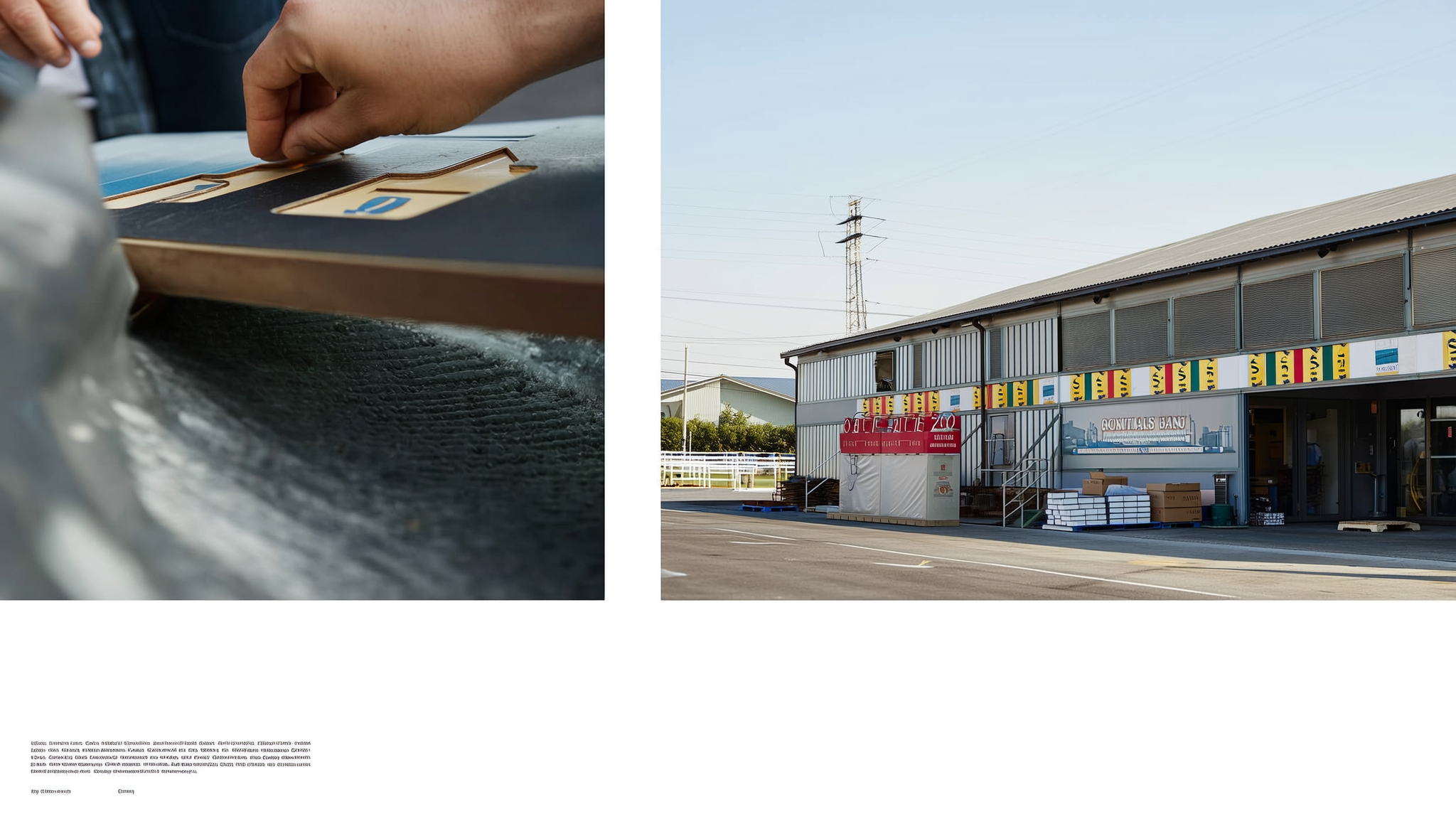 Left: hands examining fabric samples on table. Right: industrial warehouse building with colorful signage