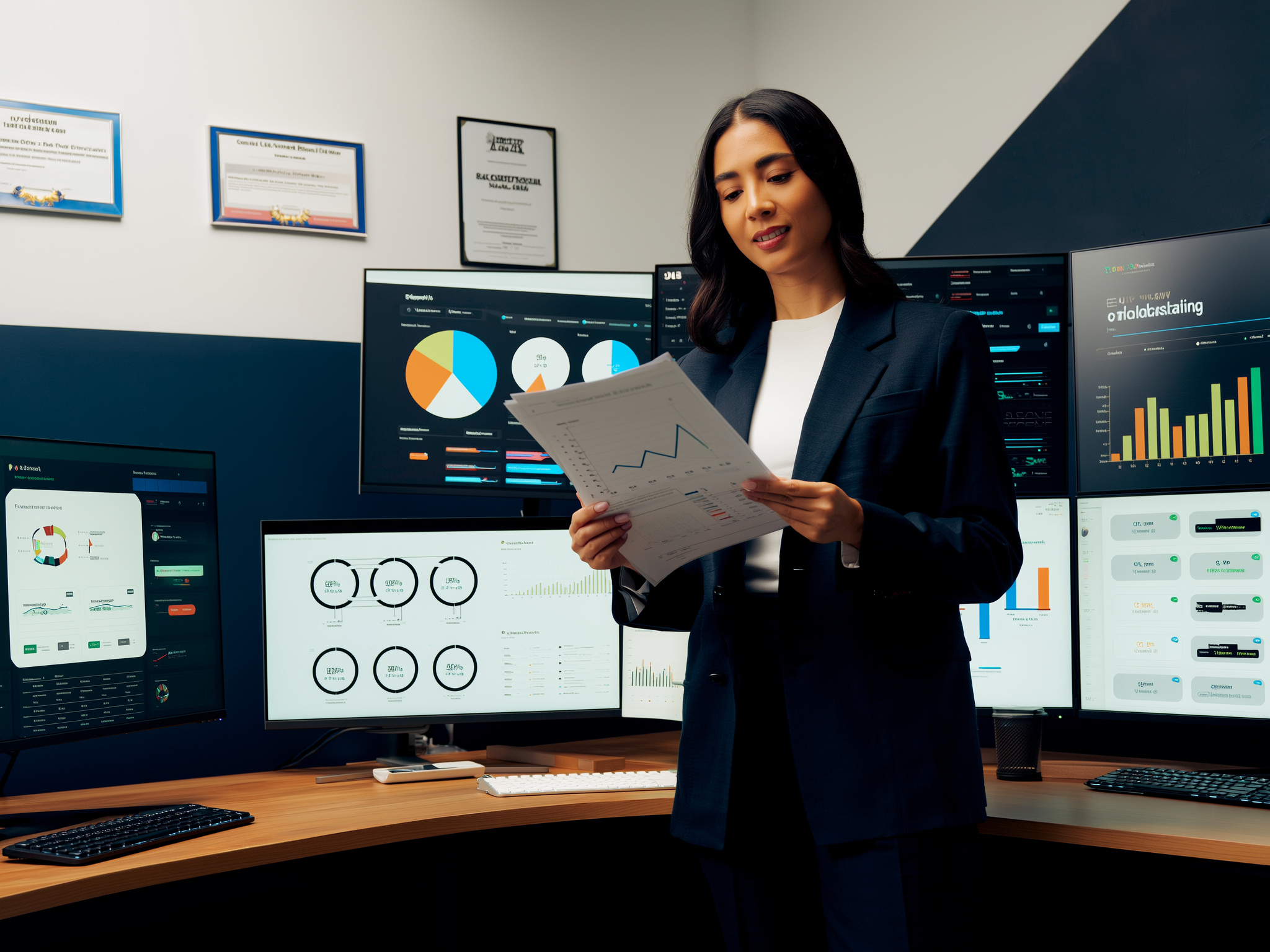 Senior marketing strategist reviewing campaign performance metrics on multiple screens