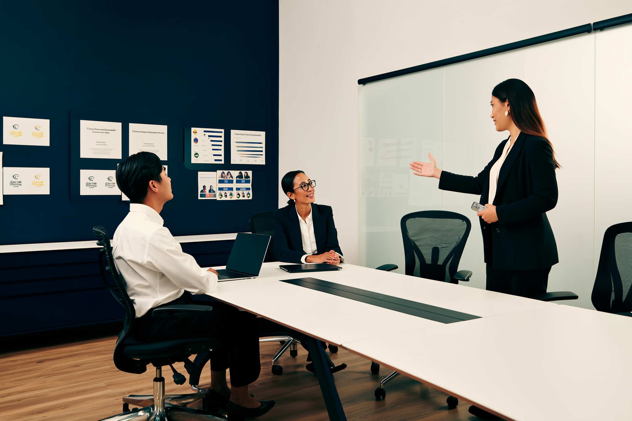 Professional office environment with client meeting and strategic planning atmosphere