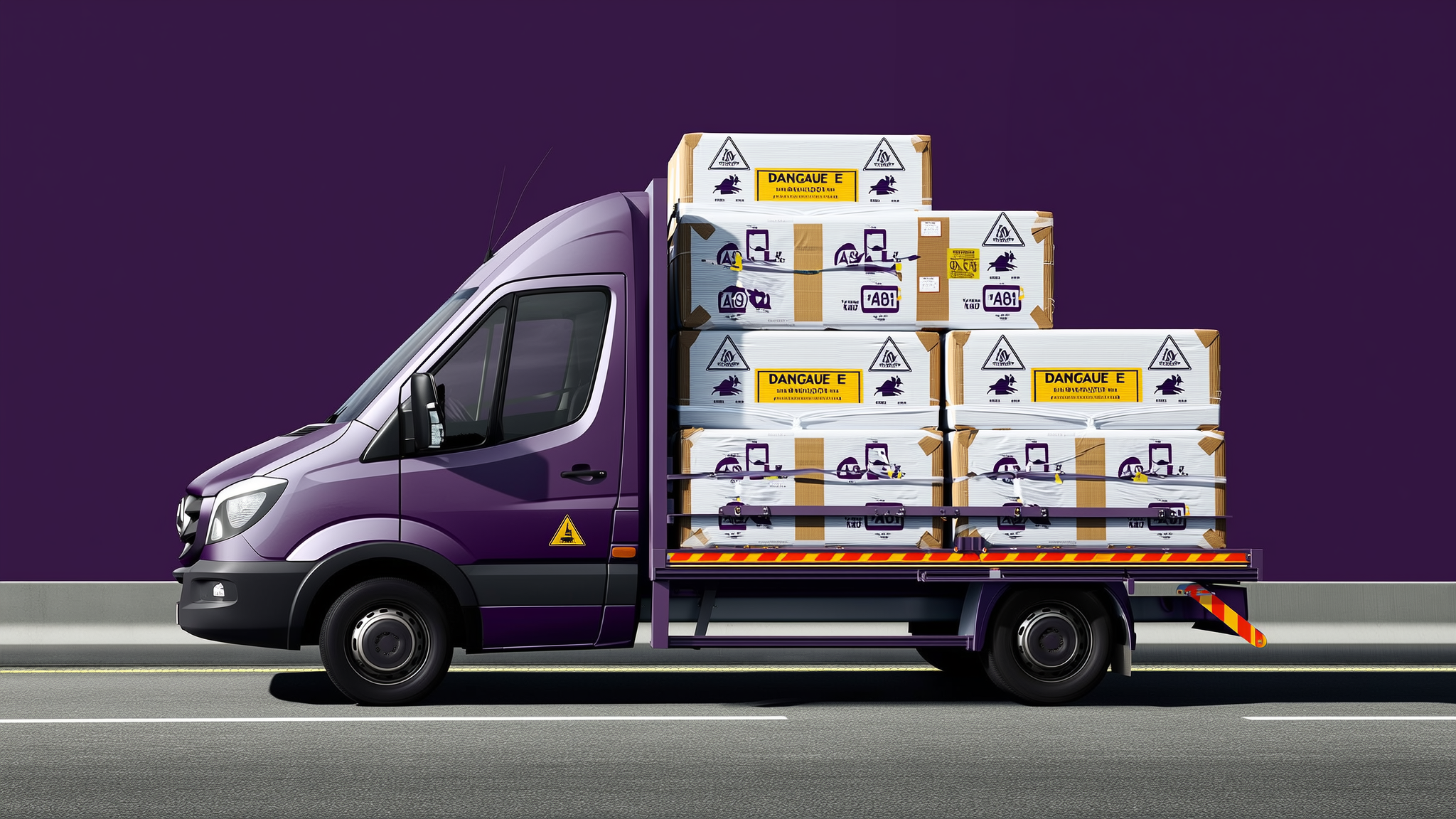 Purple delivery van loaded with stacked boxes marked with hazard symbols and danger labels