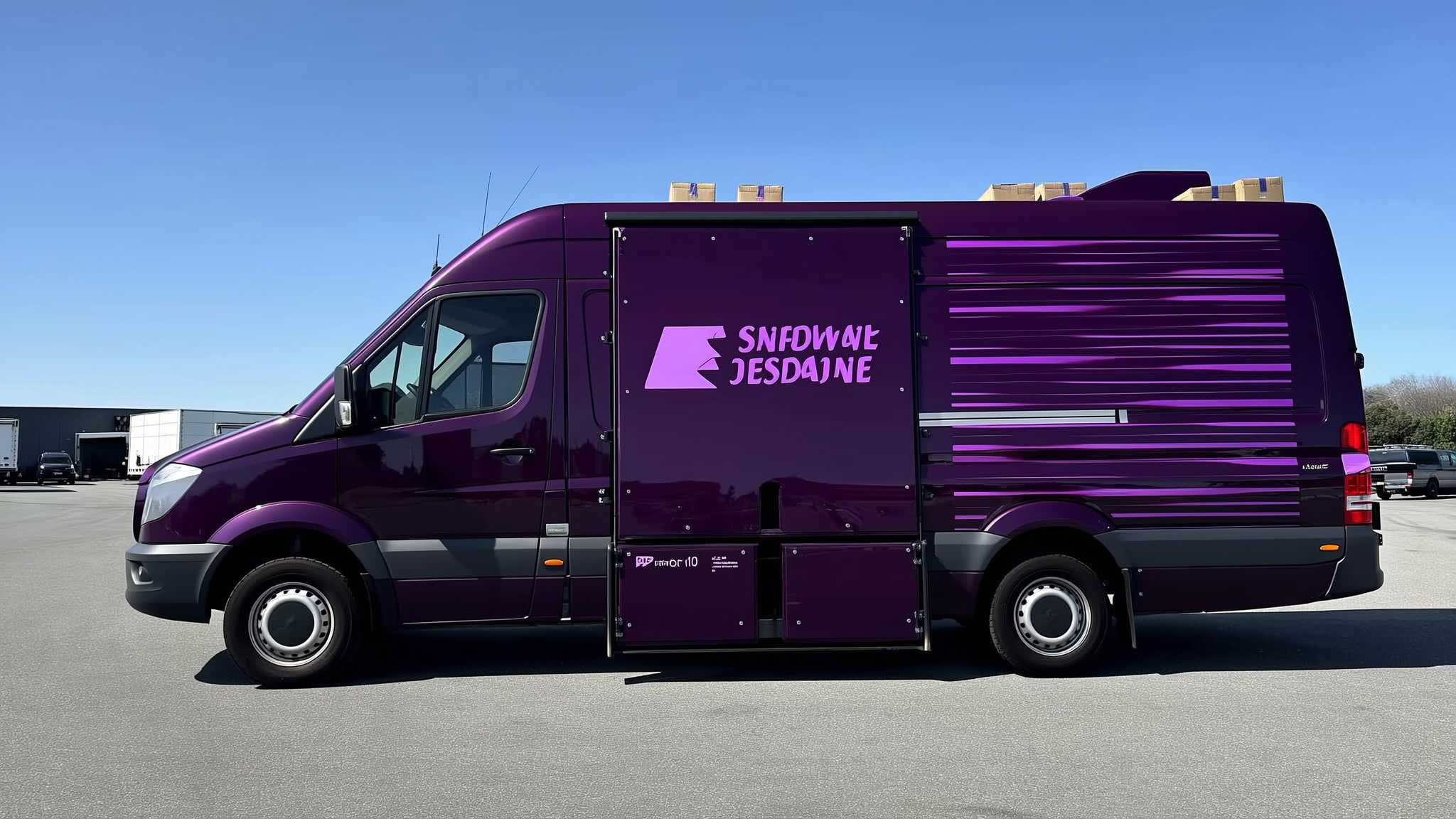 Purple delivery van with open rear doors parked in lot on clear day