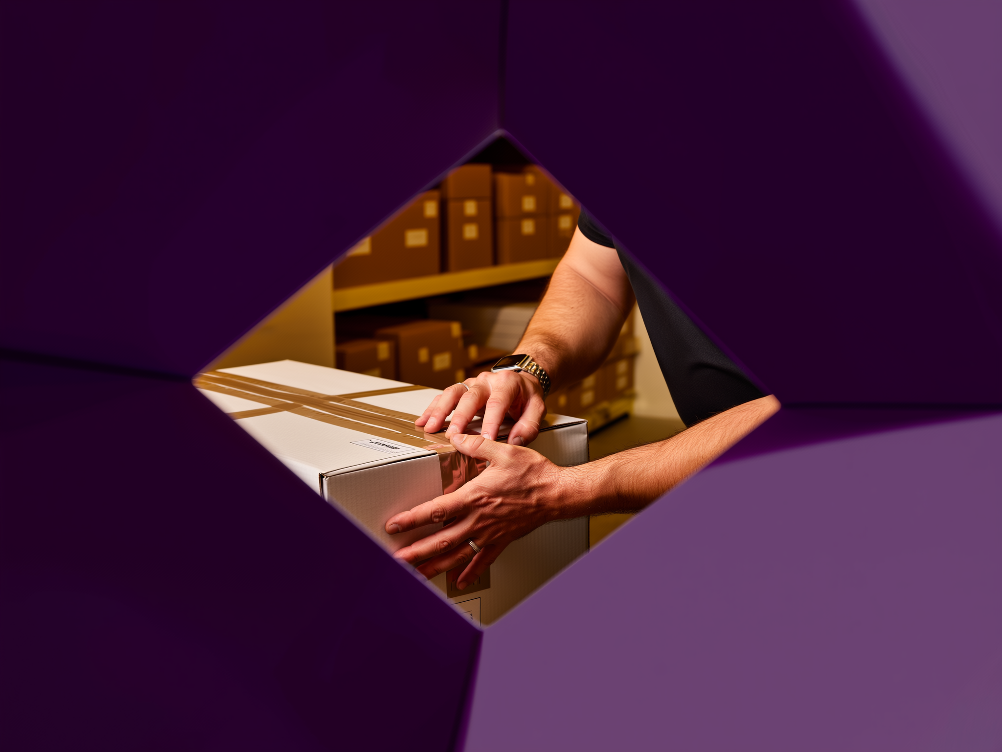 Person's hands holding and wrapping a cardboard box with brown tape