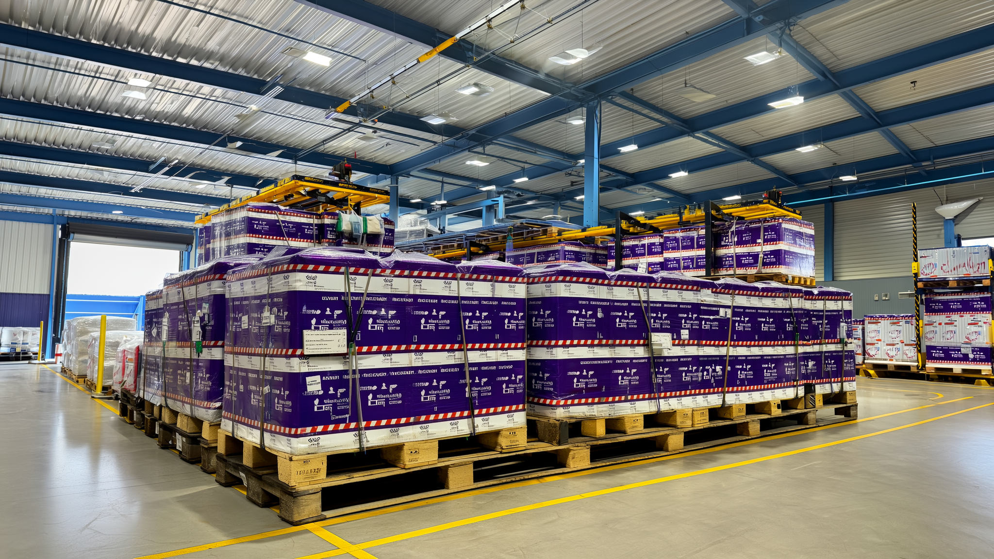 Purple branded boxes stacked on wooden pallets in industrial warehouse with yellow overhead crane
