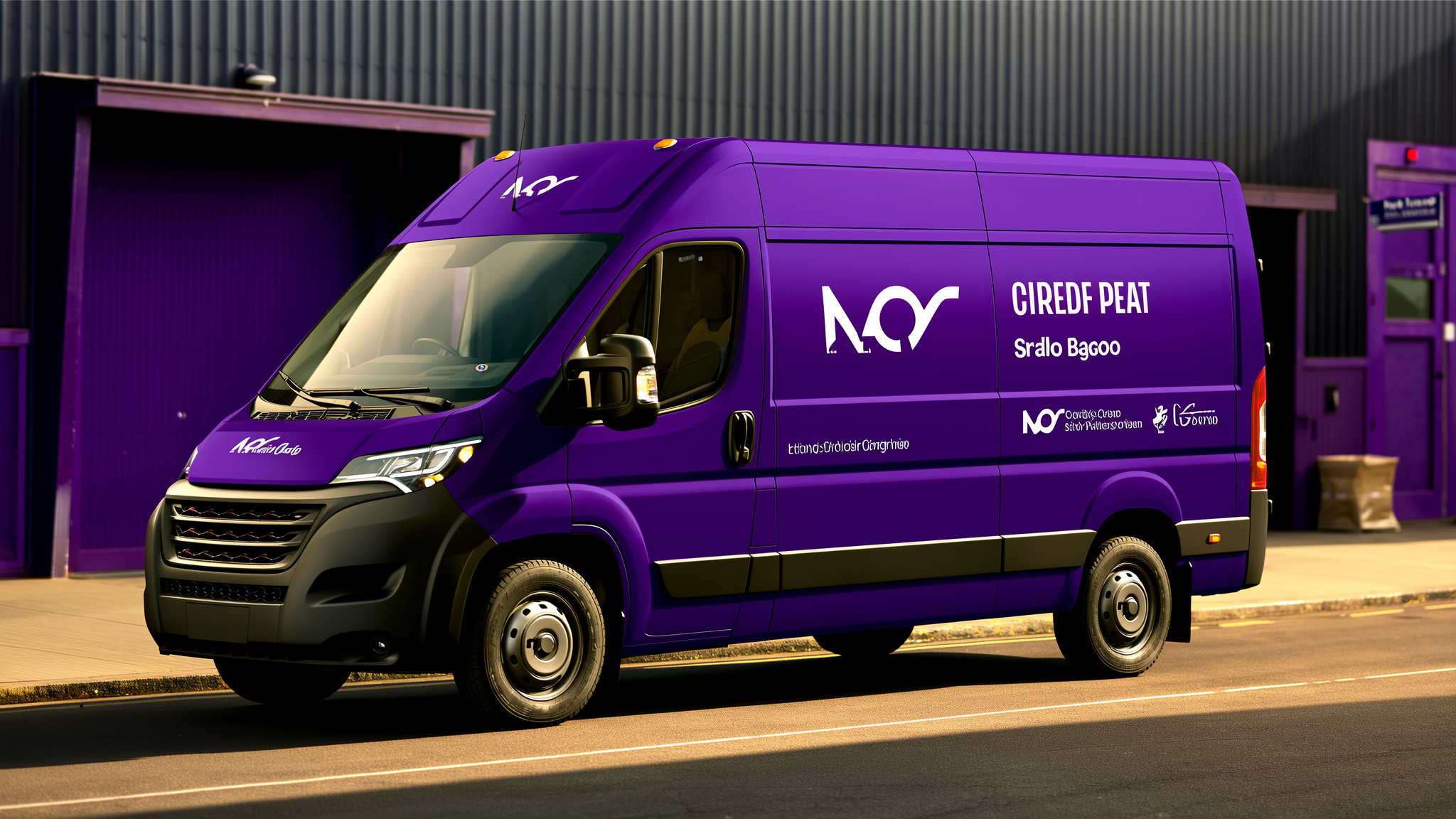 Purple delivery van with white lettering parked outside industrial building
