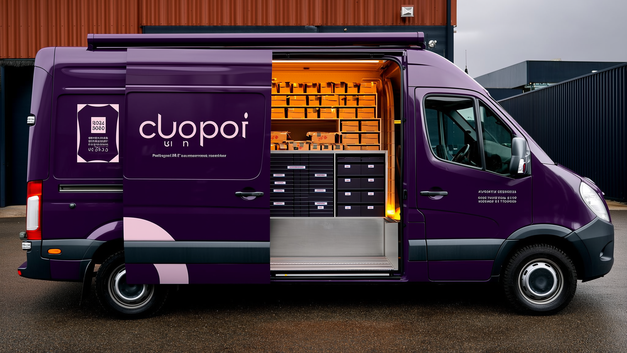 Purple delivery van with open rear doors showing orange storage compartments and shelving