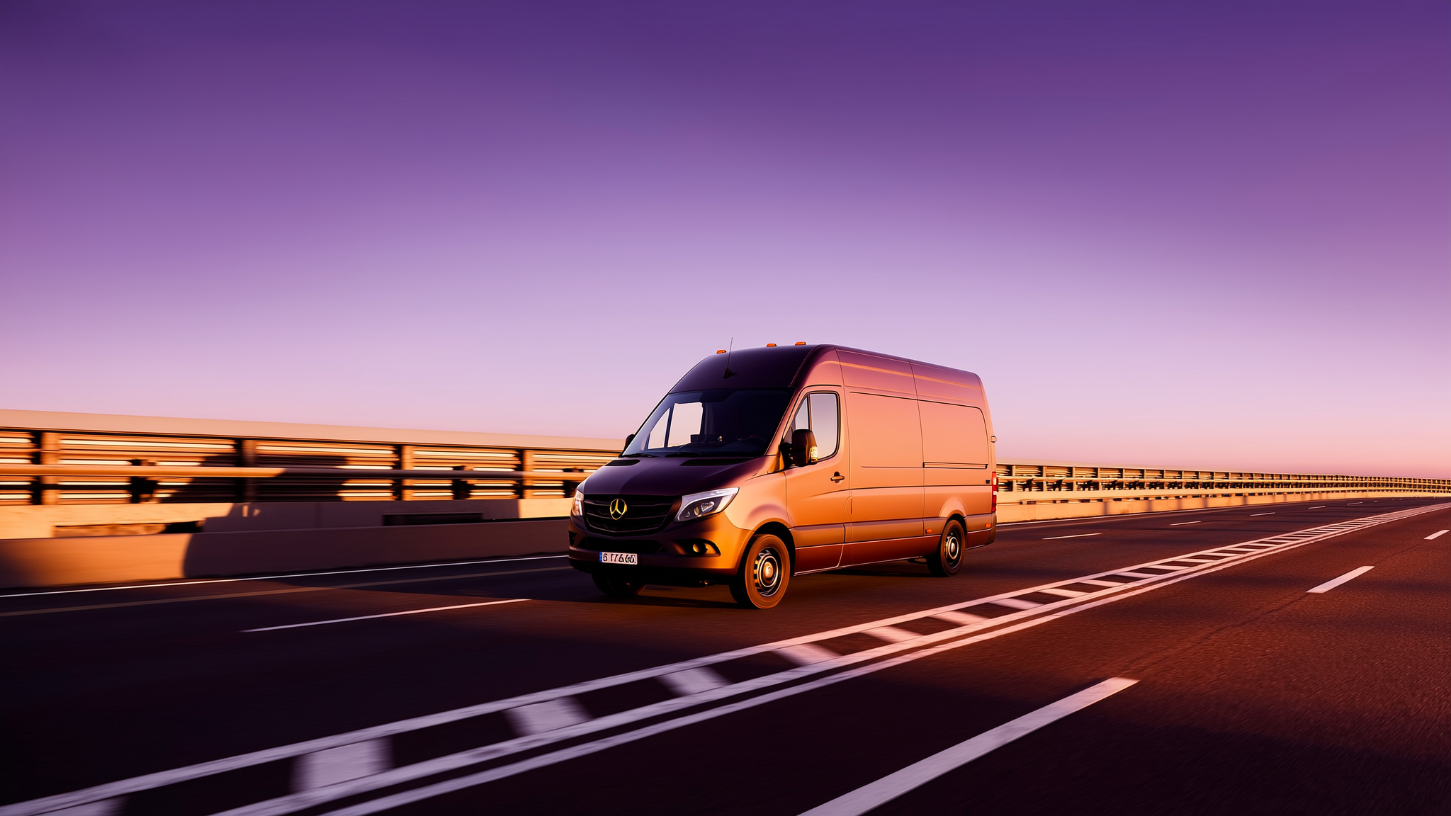 Orange van driving on multi-lane motorway during sunset with purple sky