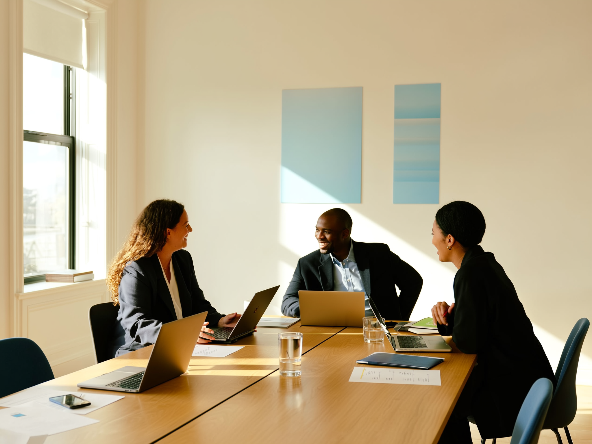 Diverse team of consultants collaborating around a table with laptops and notebooks in a modern office environment