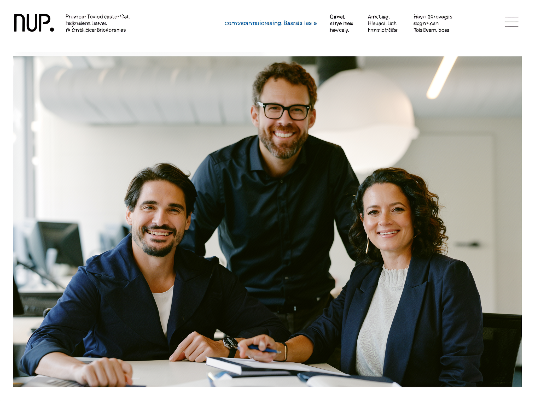 Three professionals smiling at camera in modern office setting