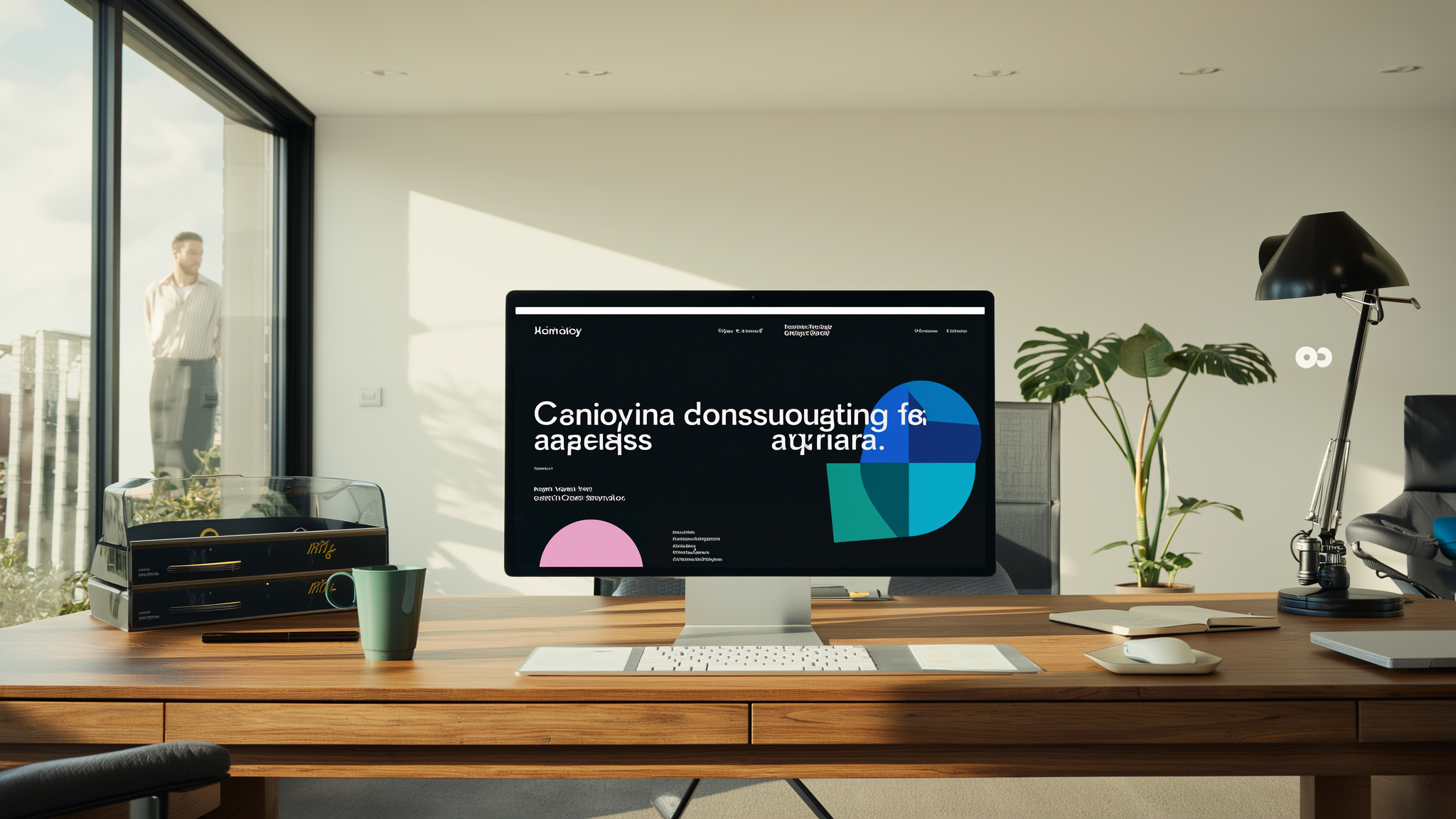 Modern desk workspace with computer monitor displaying colorful website design
