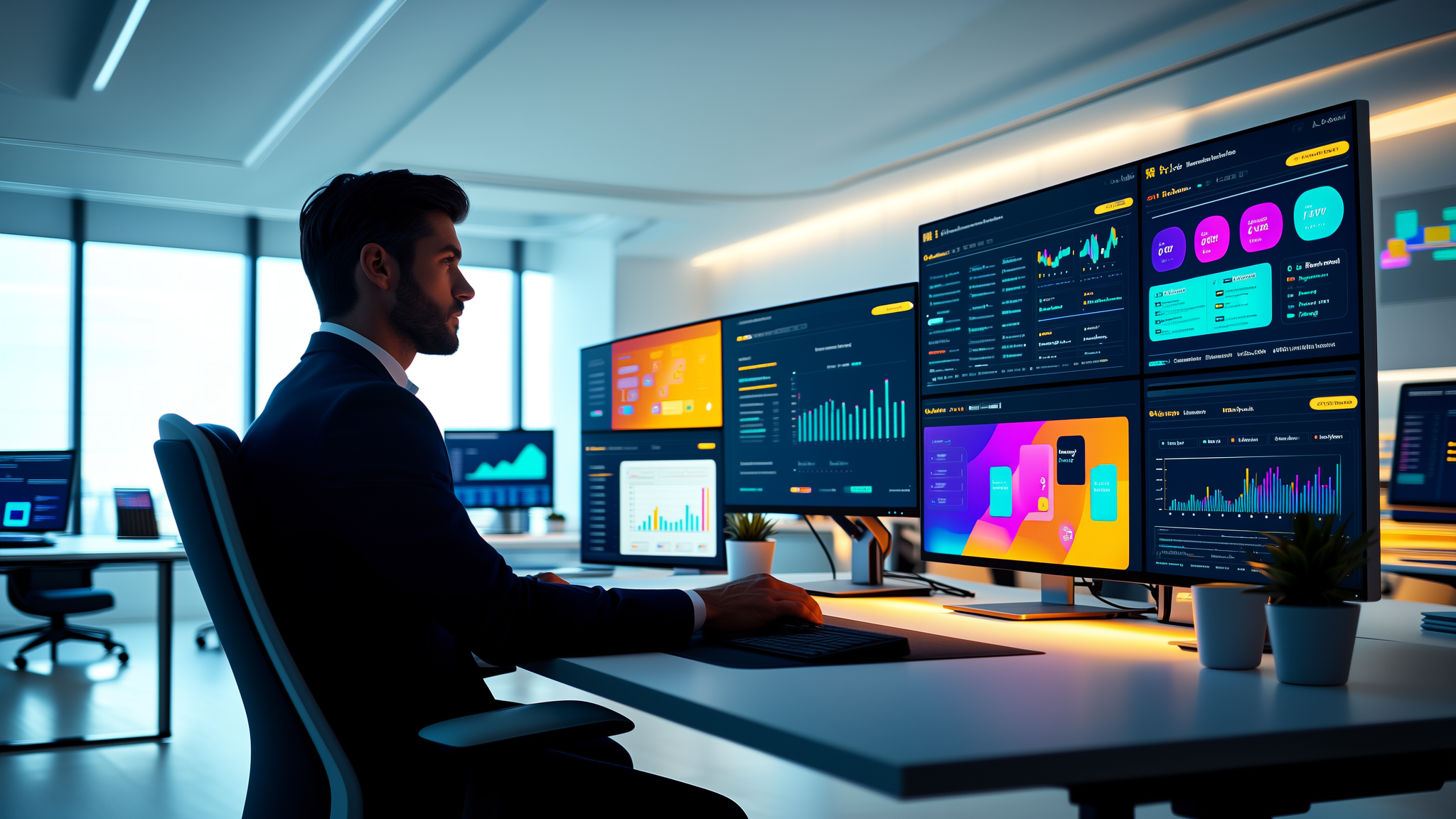 Professional consultant working at a modern desk with multiple monitors showing AI dashboards and analytics