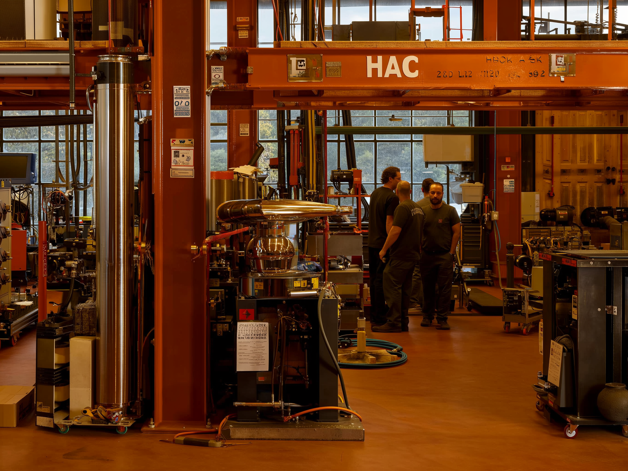 Industrial workshop interior with orange structural beams, machinery, and workers in dark clothing