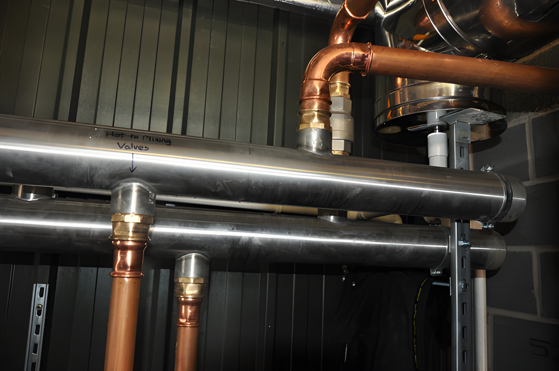 Industrial pipework with copper and steel pipes, valves, and brass fittings installed indoors