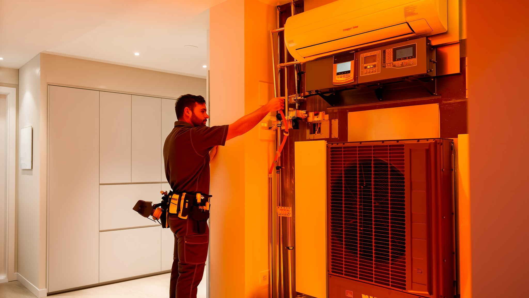 Technician in tool belt adjusting wall-mounted HVAC unit in orange-lit room