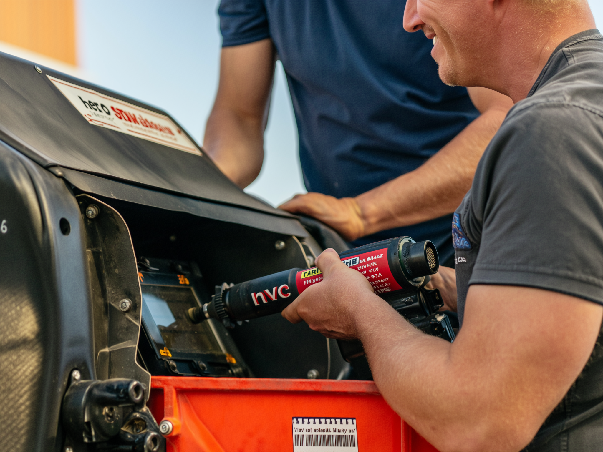 Two people working on an open equipment panel, one holding a power tool with visible branding