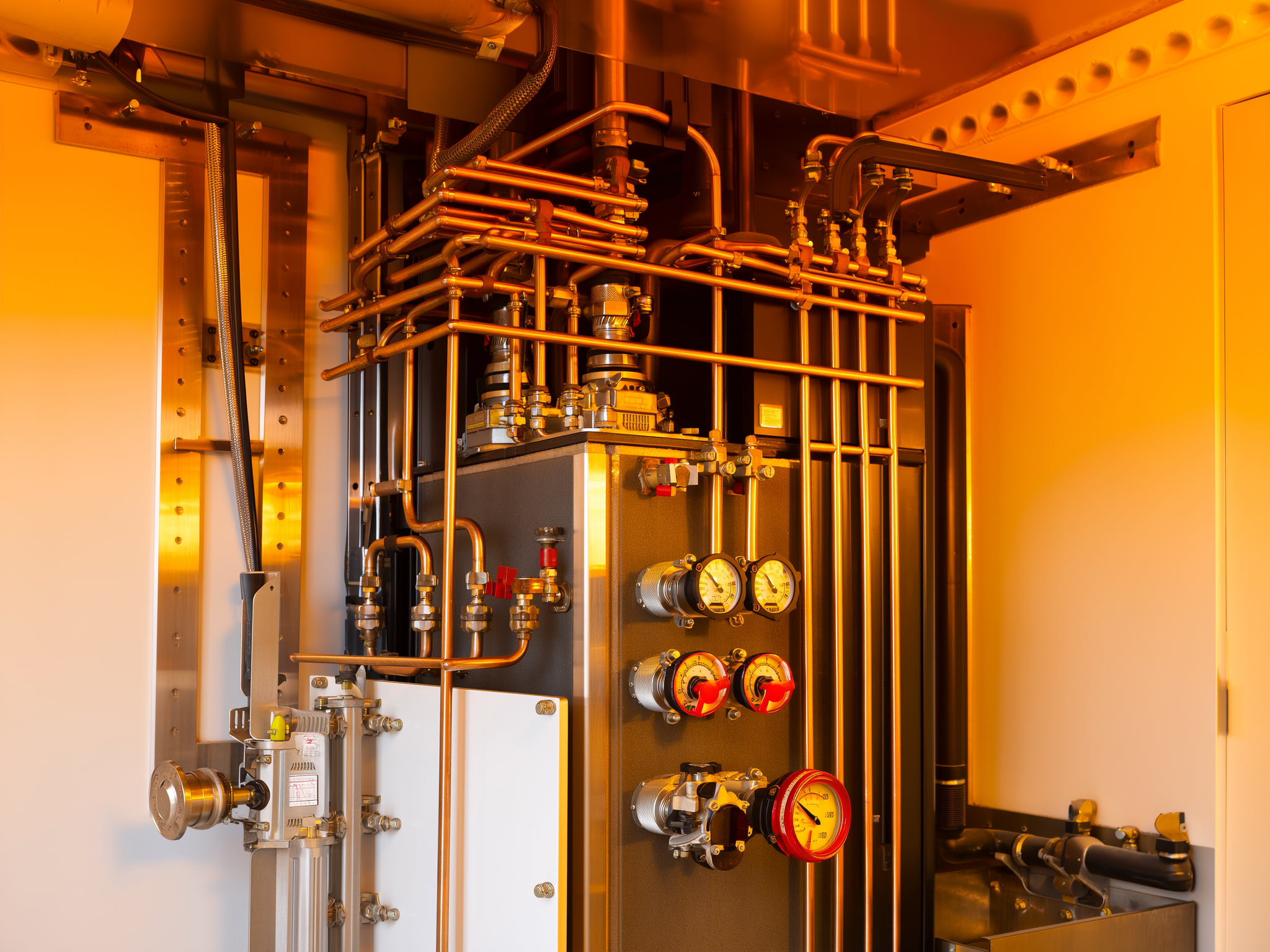 Industrial boiler system with copper piping, brass fittings, and pressure gauges in utility room