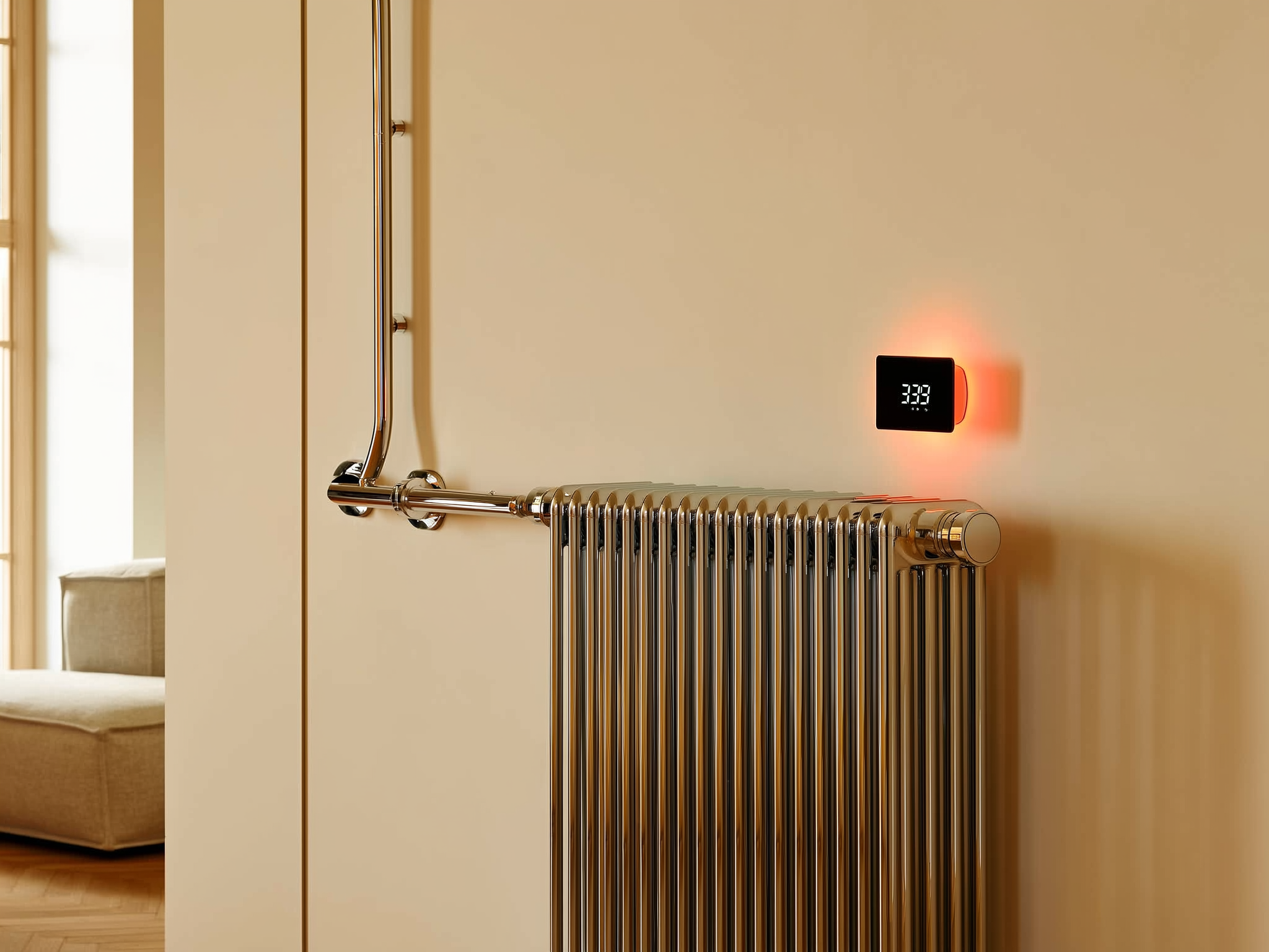 Wall-mounted digital thermostat with glowing orange accent next to brass radiator