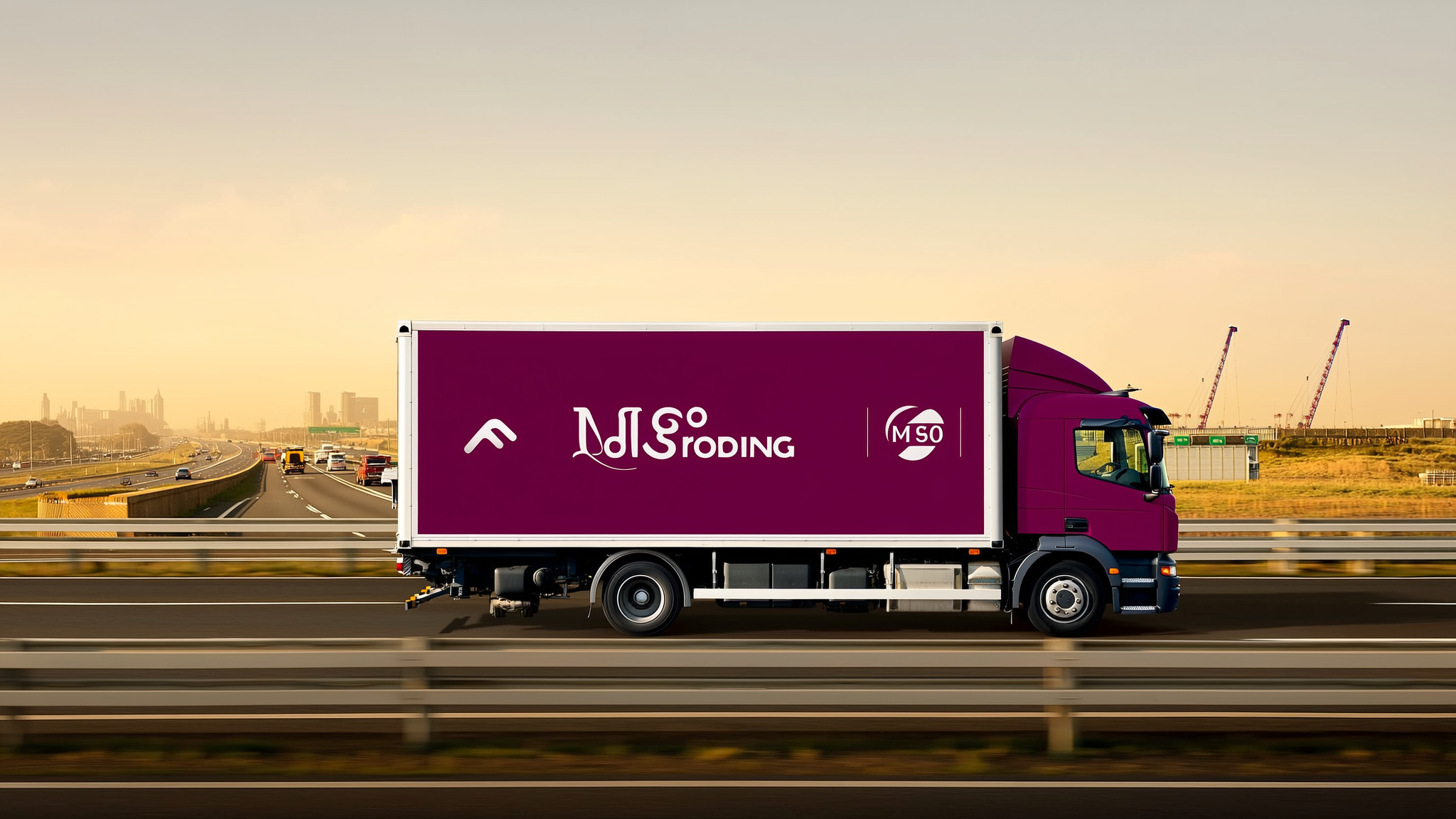 Purple delivery truck with MSC branding traveling on multi-lane highway