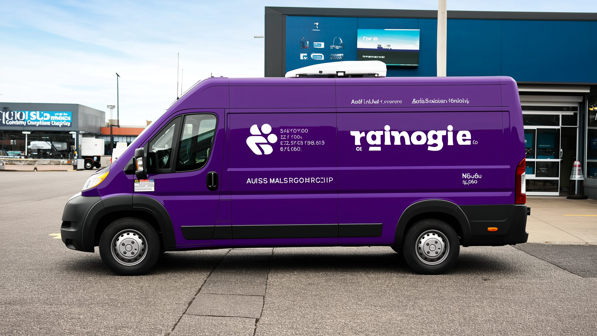 Purple delivery van with 'ramogle' branding parked on pavement