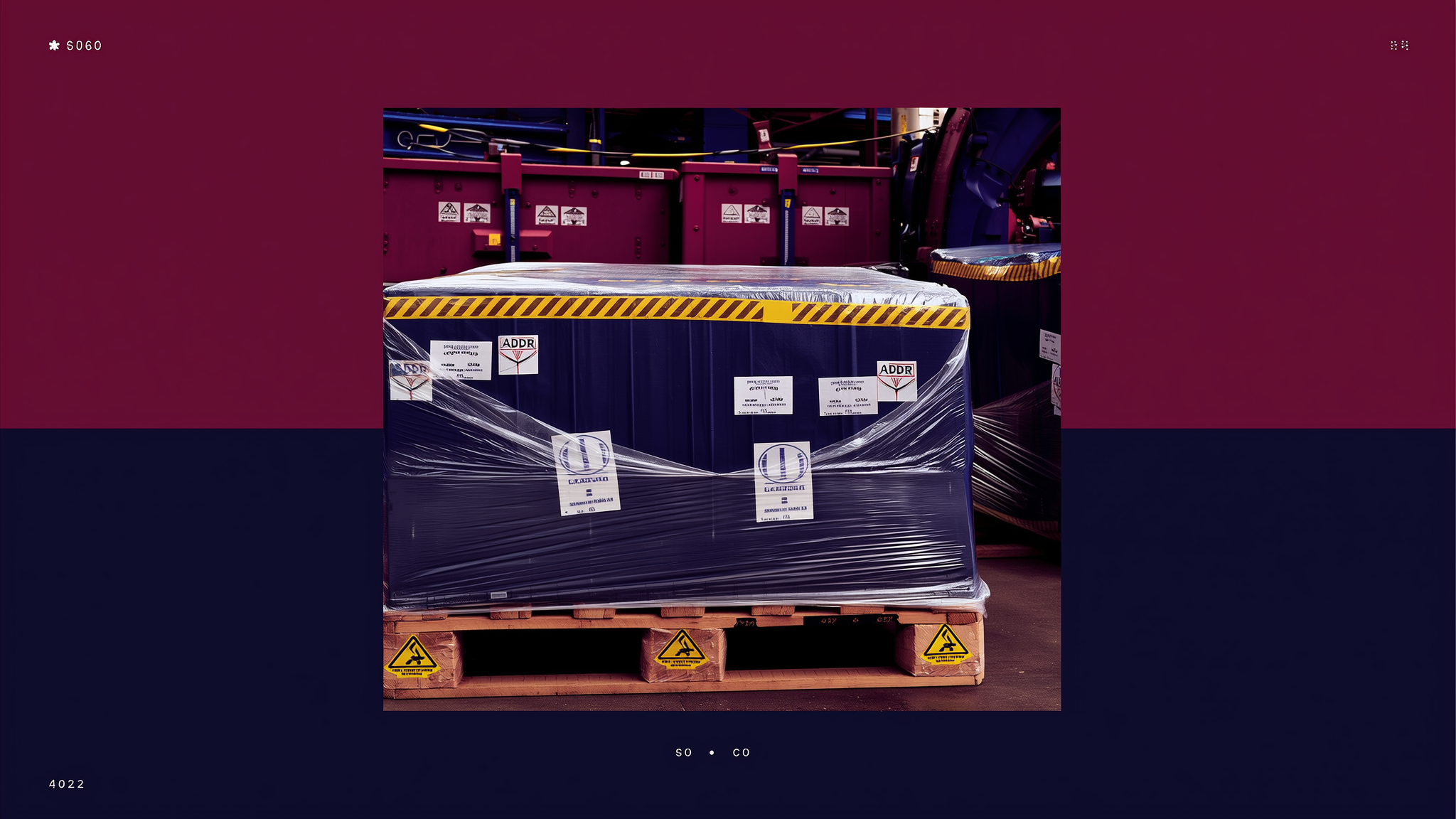 Shrink-wrapped pallet with yellow and black hazard striping and warning labels