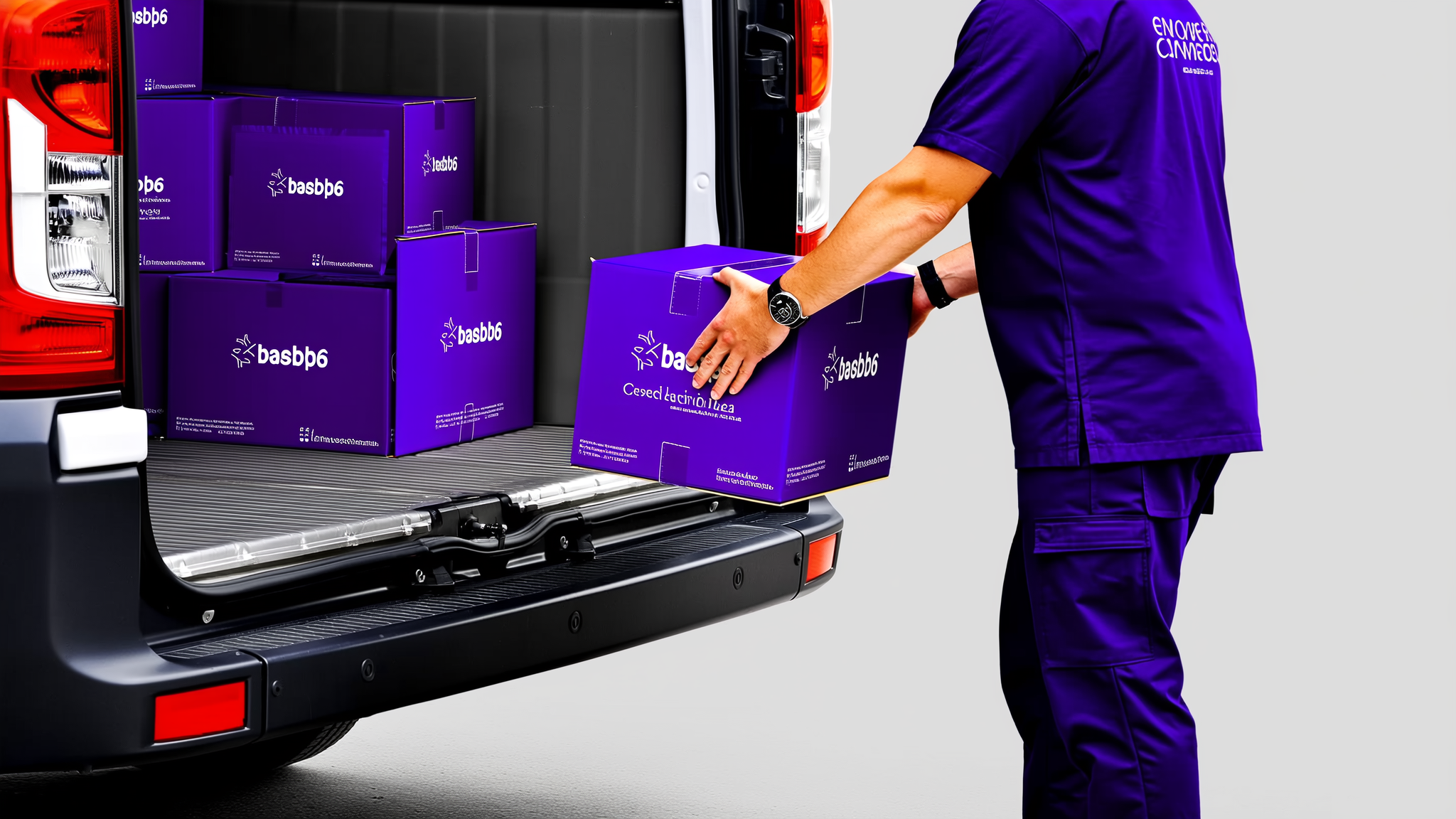 Worker in purple uniform loading branded purple delivery boxes into vehicle cargo area
