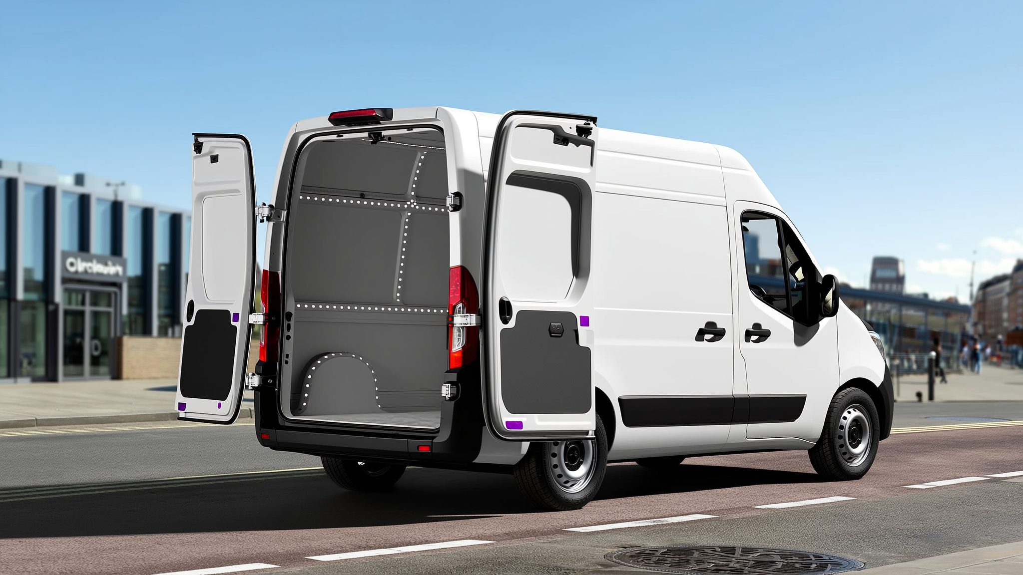 White delivery van with rear doors open, parked on urban street