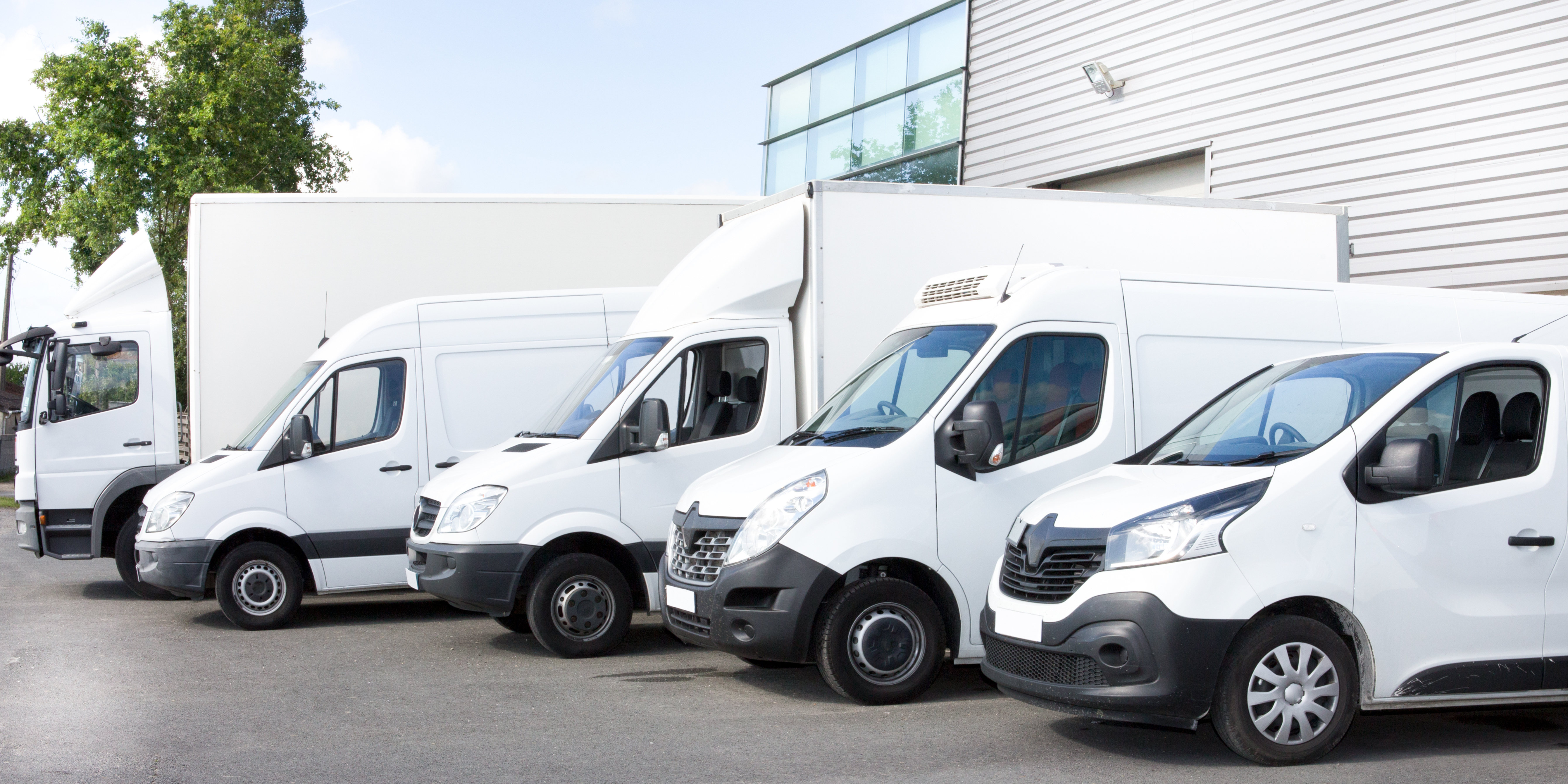 Five white and grey commercial delivery vans parked in a line outdoors