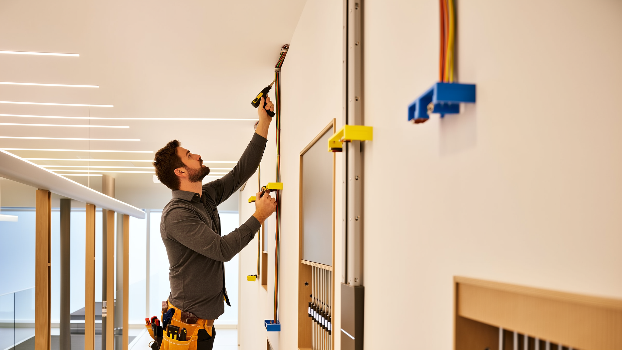 Worker installing electrical wiring and conduit on wall in modern interior space